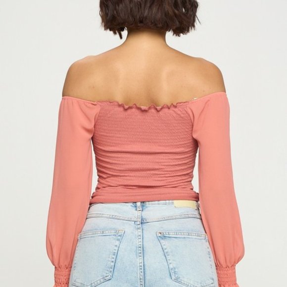 Chocolate USA Drawstring Off-Shoulder Flounce Sleeve Cropped Top - Picture 3 of 3